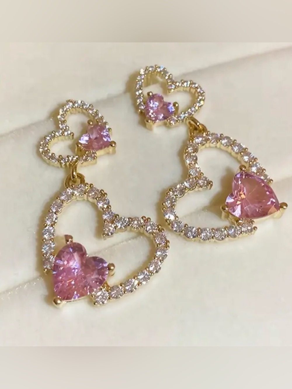 Double Hollow Heart Design Sparkling Zircon Inlaid Dangle Earrings Elegant  PINK